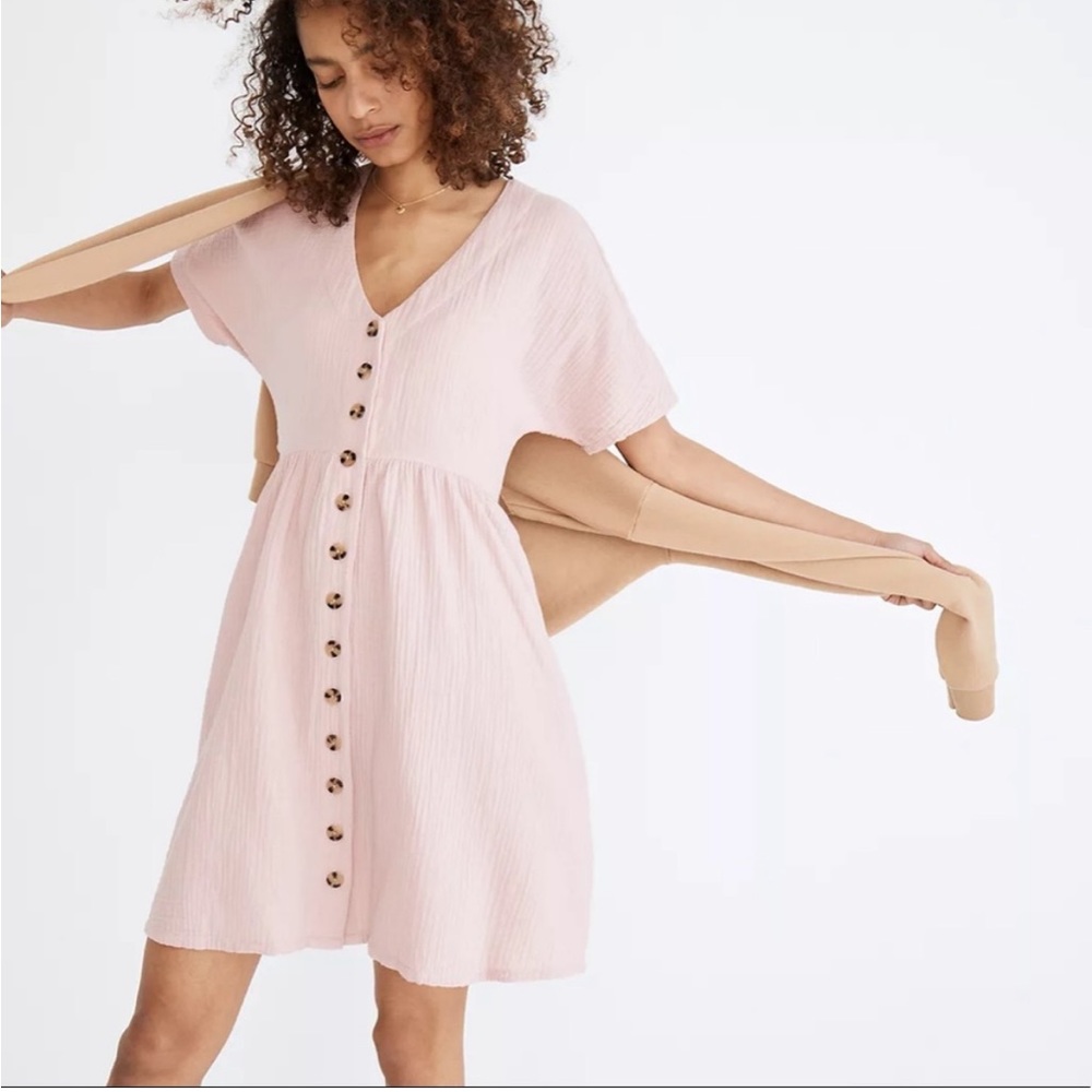 Madewell Lightspun Button Front Tiered Mini Dress Dove Pink